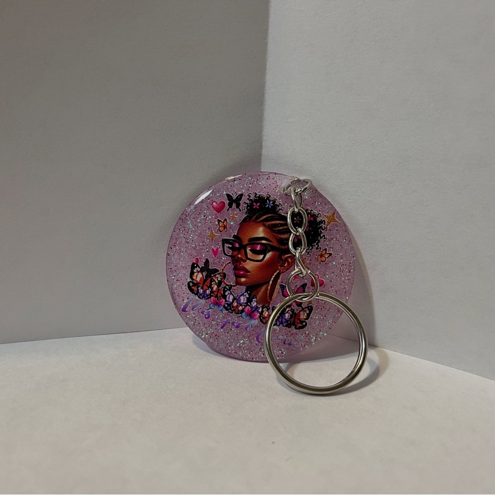 Pink Cartoon Key & Card Holder with Silver Ring